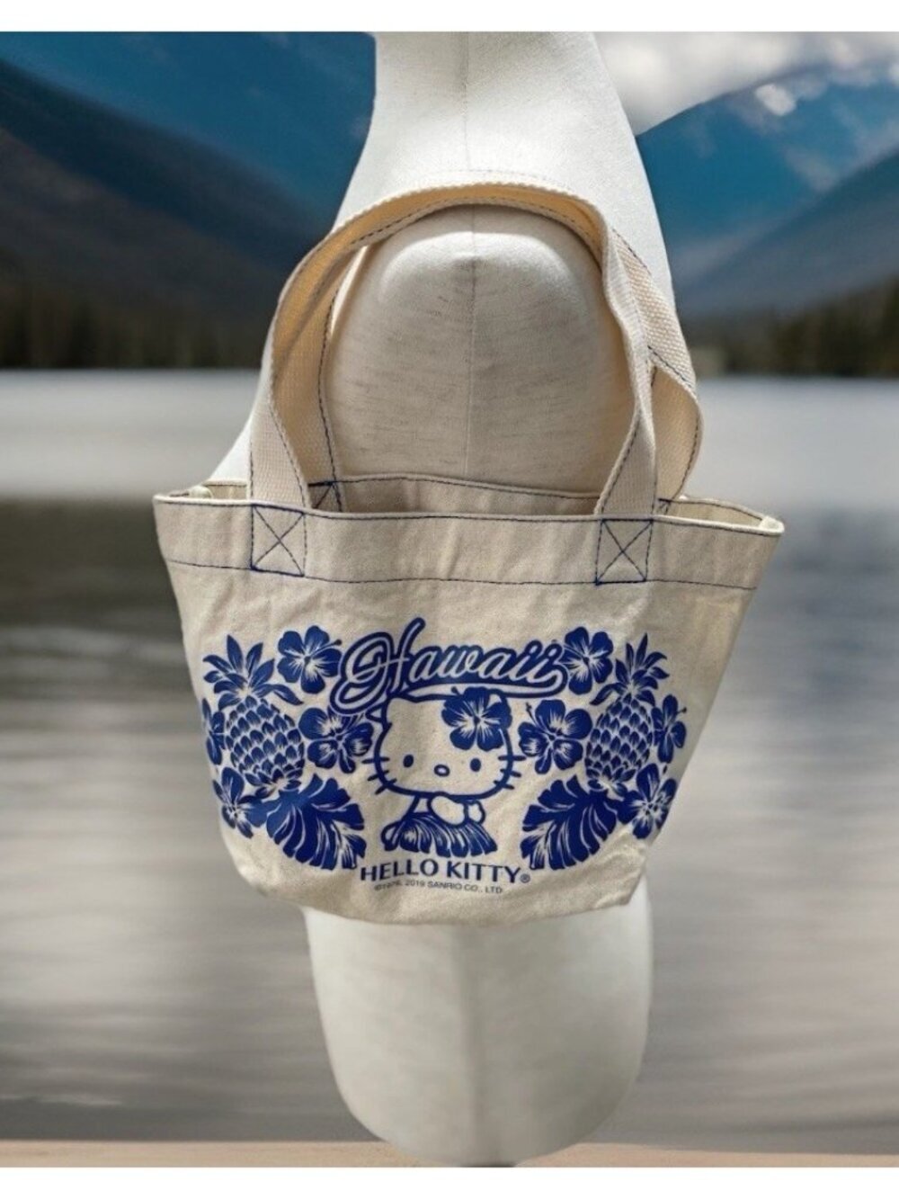 Hello Kitty Sanrio Hawaii Mini Canvas Tote Bag 2019 Tan Blue Tropical Beach HTF